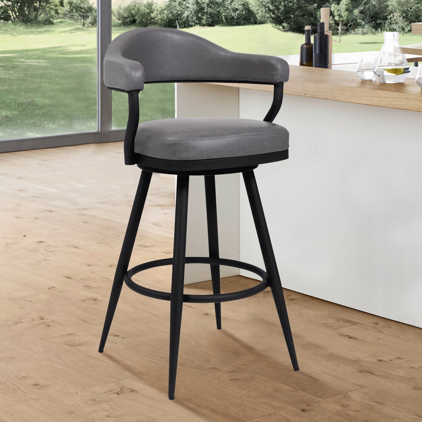 Amador 30" Bar Height Barstool in a Black Powder Coated Finish and Vintage Gray Faux Leather