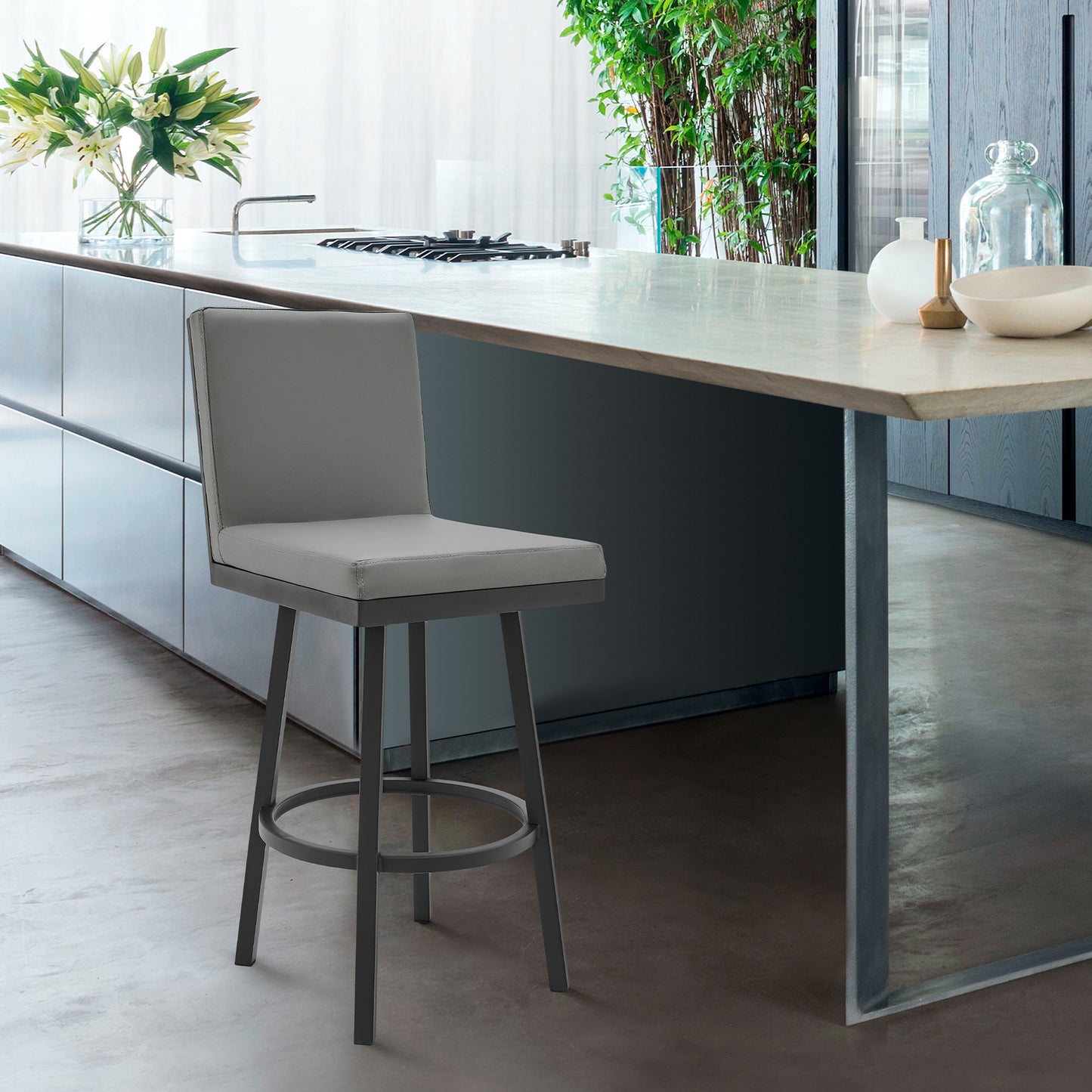 Rochester 30" Swivel Modern Black Metal and Gray Faux Leather Barstool