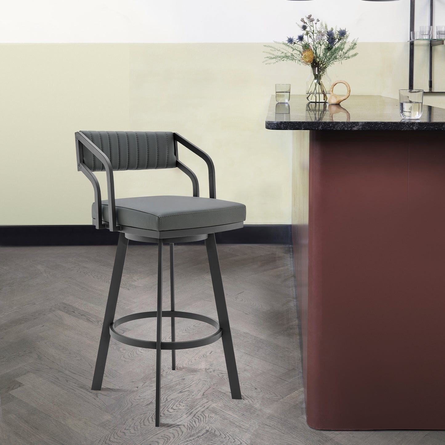Scranton 26" Swivel Modern Black Metal and Slate Gray Faux Leather Barstool