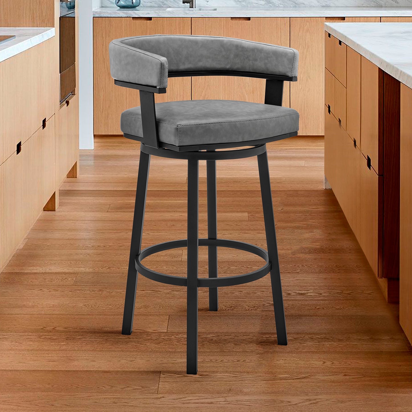 Lorin 30" Bar Height Swivel Bar Stool in Black Finish and Gray Faux Leather