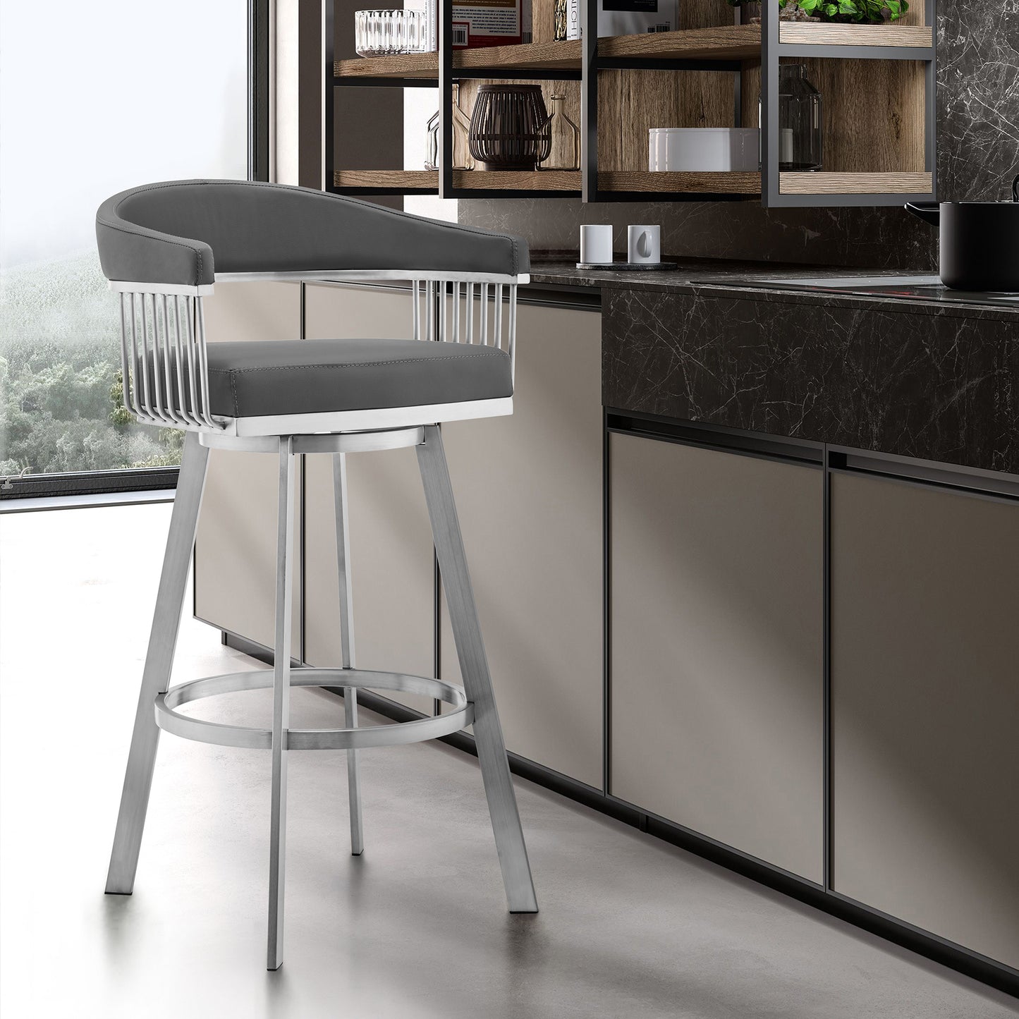 Chelsea Swivel Bar Stool in Faux Leather and Metal Finish