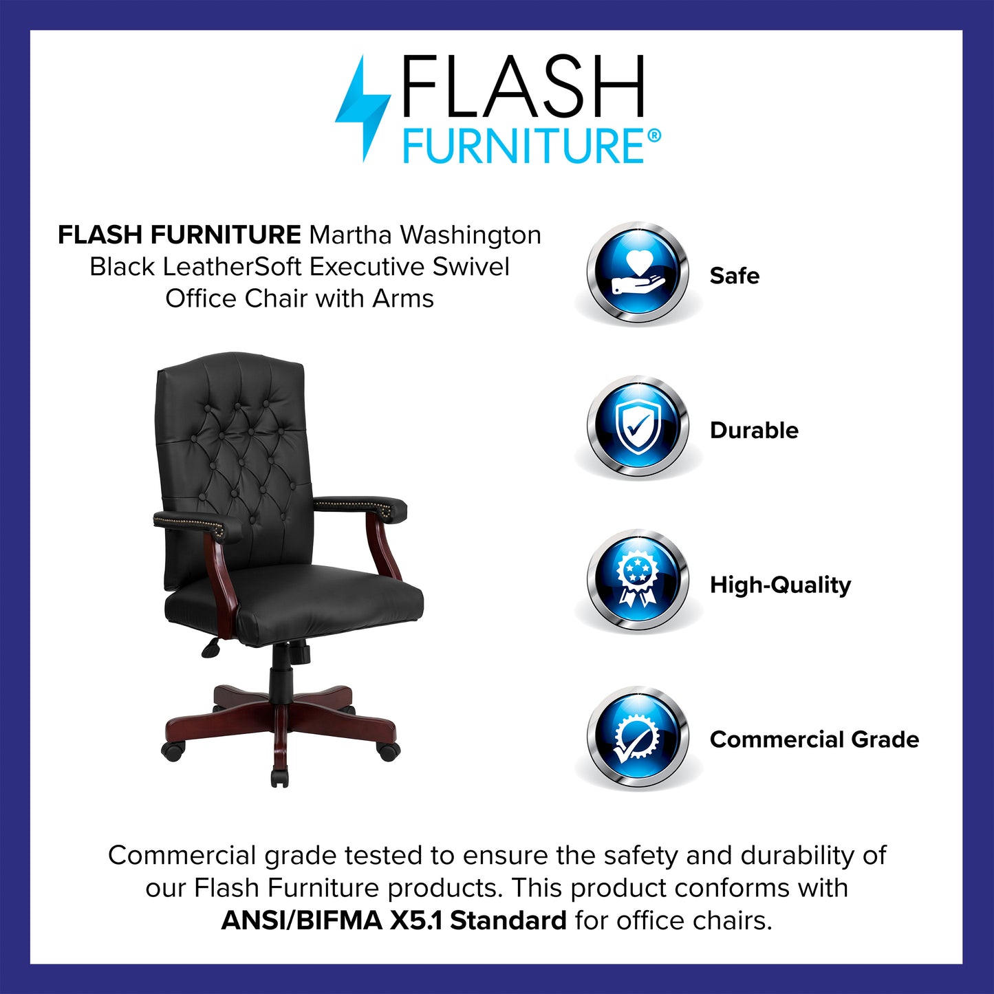 Martha Washington Black LeatherSoft Executive Swivel Office Chair with Arms Black LeatherSoft/Mahogany Frame