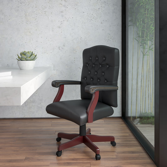 Martha Washington Black LeatherSoft Executive Swivel Office Chair with Arms Black LeatherSoft/Mahogany Frame 801L-LF0005-BK-LEA-GG