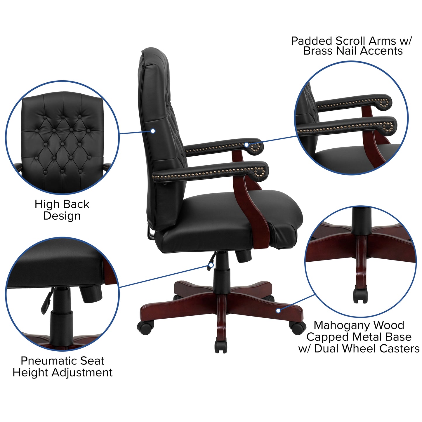 Martha Washington Black LeatherSoft Executive Swivel Office Chair with Arms Black LeatherSoft/Mahogany Frame