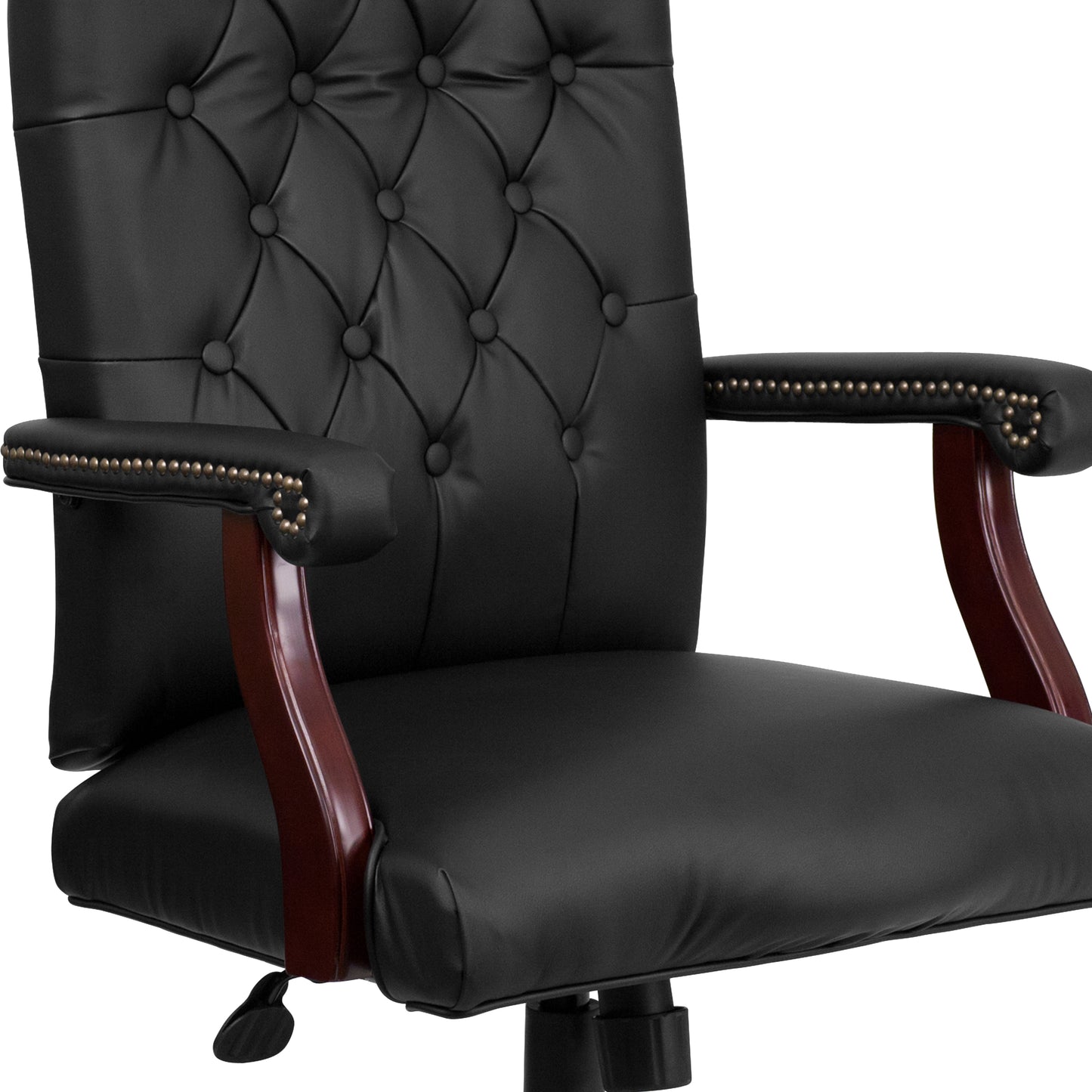 Martha Washington Black LeatherSoft Executive Swivel Office Chair with Arms Black LeatherSoft/Mahogany Frame
