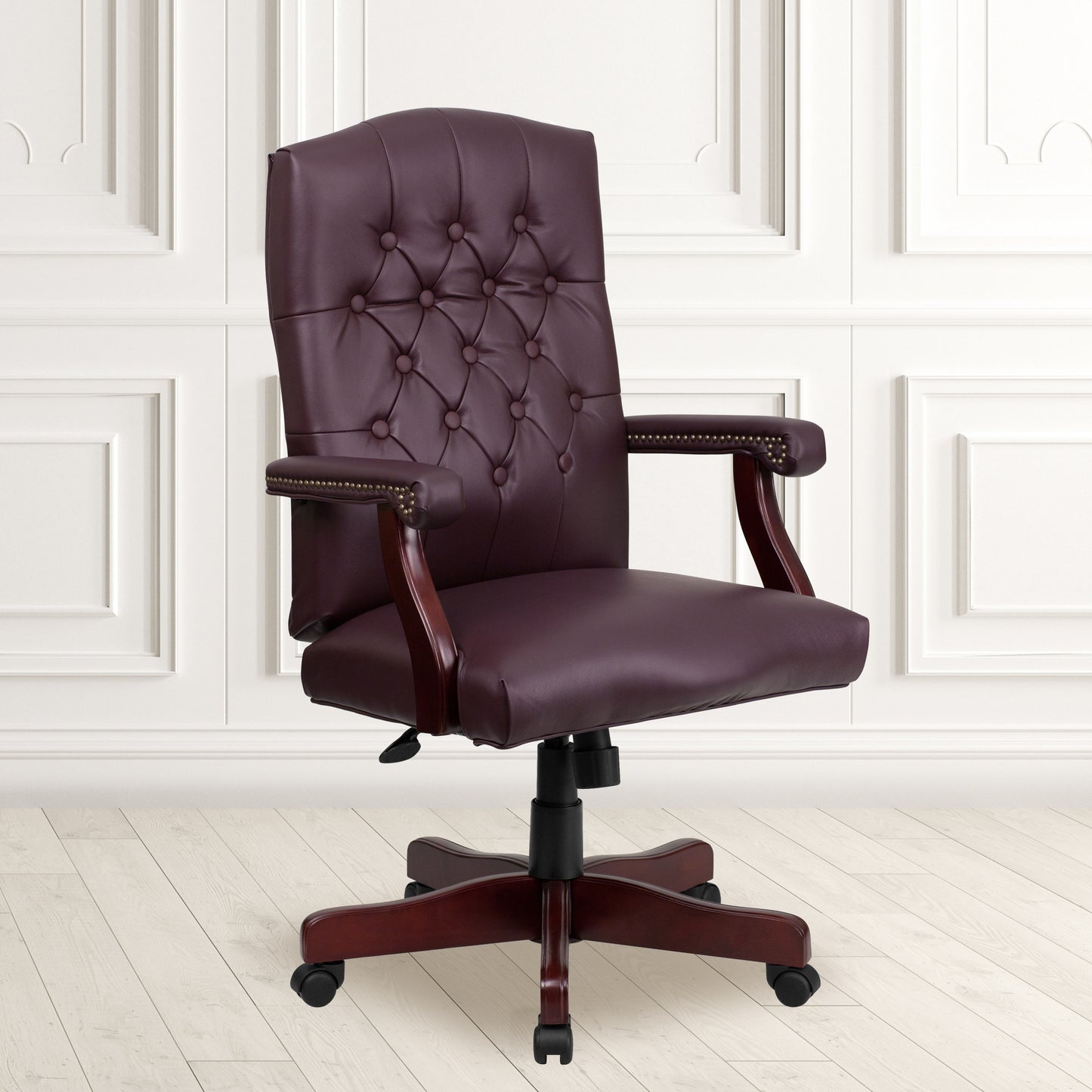 Martha Washington Burgundy LeatherSoft Executive Swivel Office Chair with Arms Burgundy LeatherSoft/Mahogany Frame