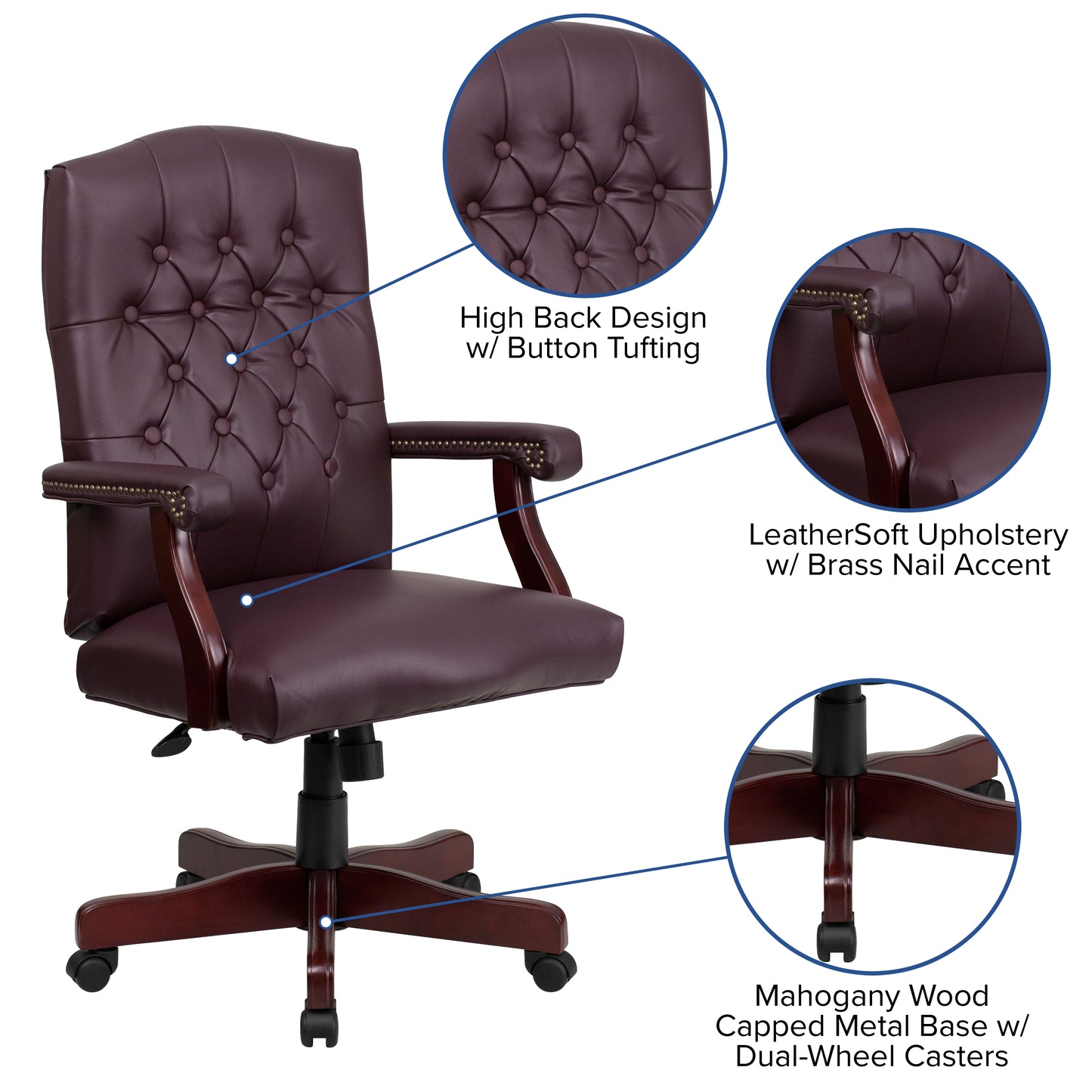 Martha Washington Burgundy LeatherSoft Executive Swivel Office Chair with Arms Burgundy LeatherSoft/Mahogany Frame