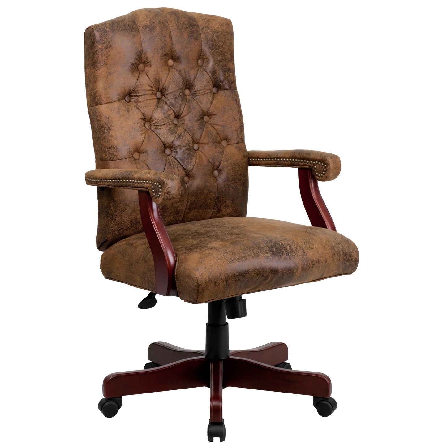 Derrick Bomber Brown Classic Executive Swivel Office Chair with Arms Bomber Brown Microfiber/Mahogany Frame