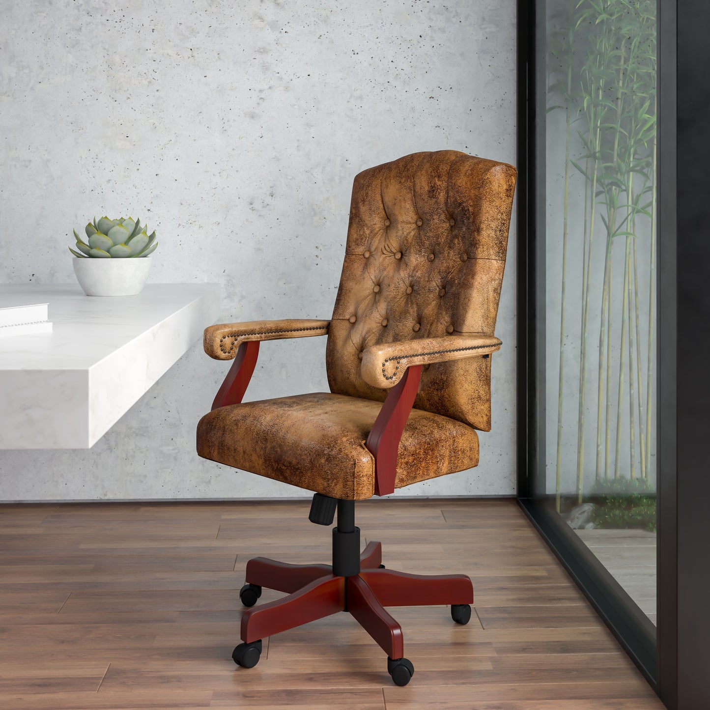 Derrick Bomber Brown Classic Executive Swivel Office Chair with Arms Bomber Brown Microfiber/Mahogany Frame