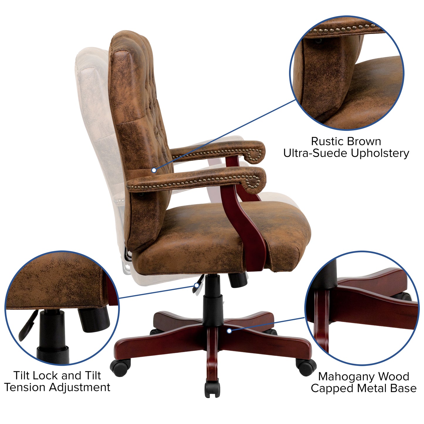 Derrick Bomber Brown Classic Executive Swivel Office Chair with Arms Bomber Brown Microfiber/Mahogany Frame