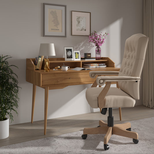 Derrick Ivory Microfiber Classic Executive Swivel Office Chair with Driftwood Arms and Base Ivory Microfiber/Driftwood Frame 802-IV-GG