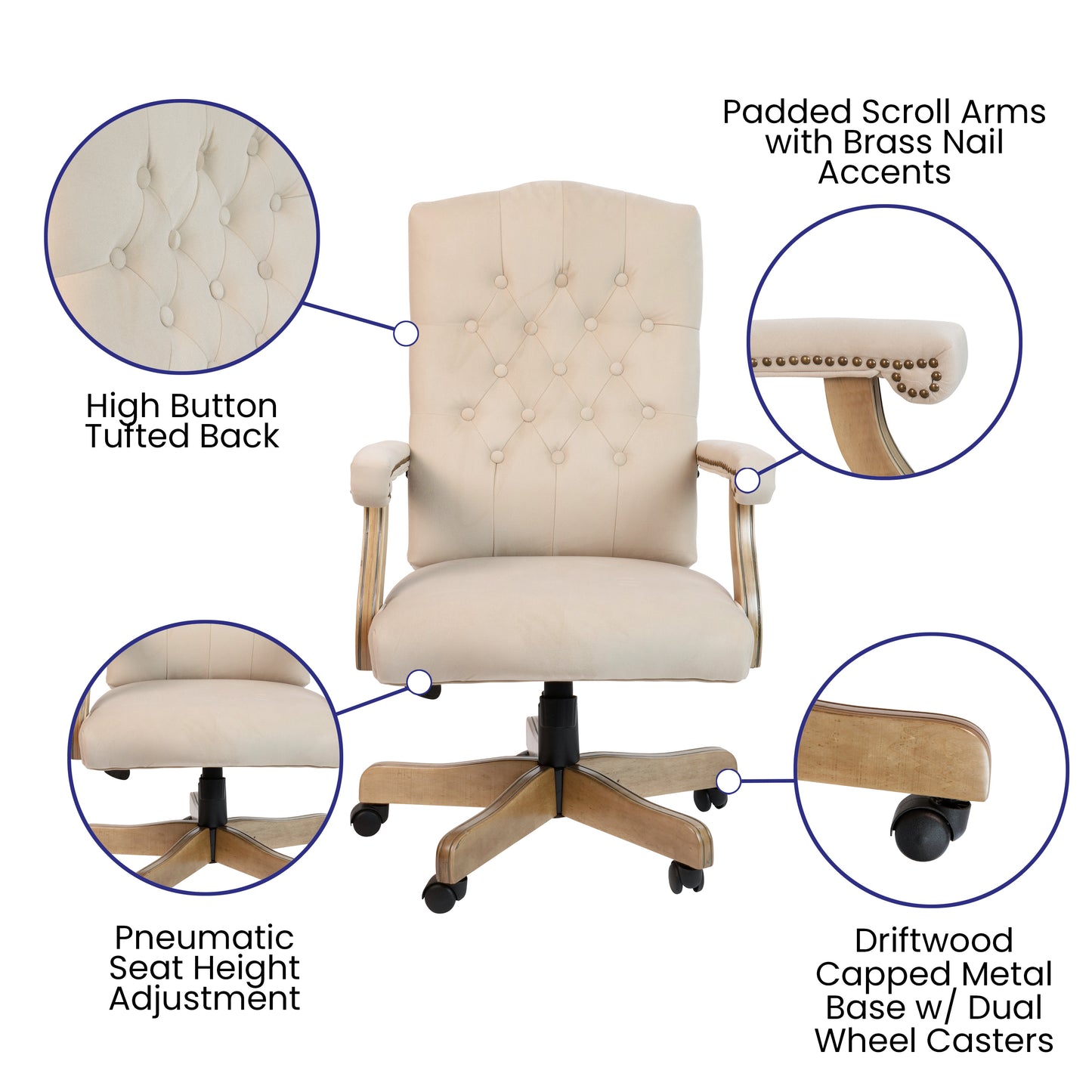 Derrick Ivory Microfiber Classic Executive Swivel Office Chair with Driftwood Arms and Base Ivory Microfiber/Driftwood Frame