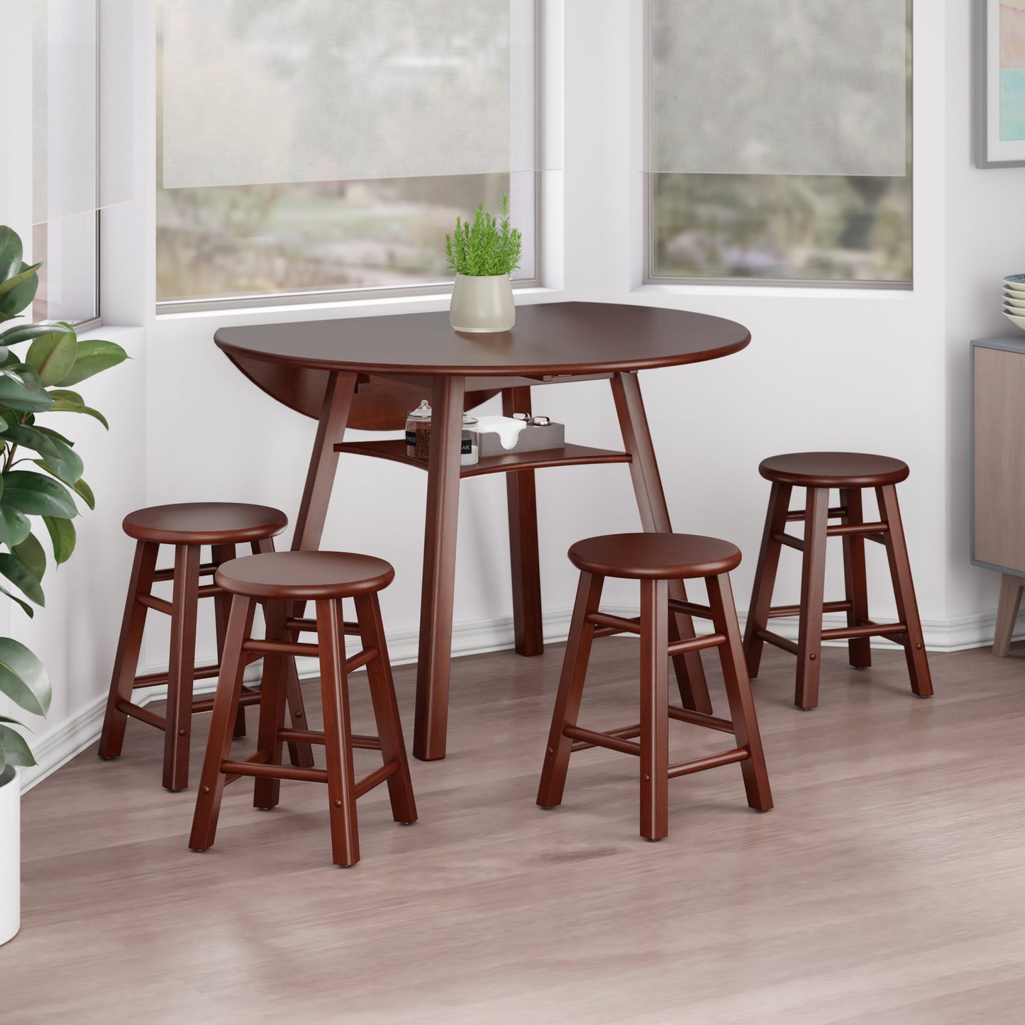 Marbelle Table 5-Pc Drop Leaf Dining Table with 4 Element 18” Dining Stools, Walnut