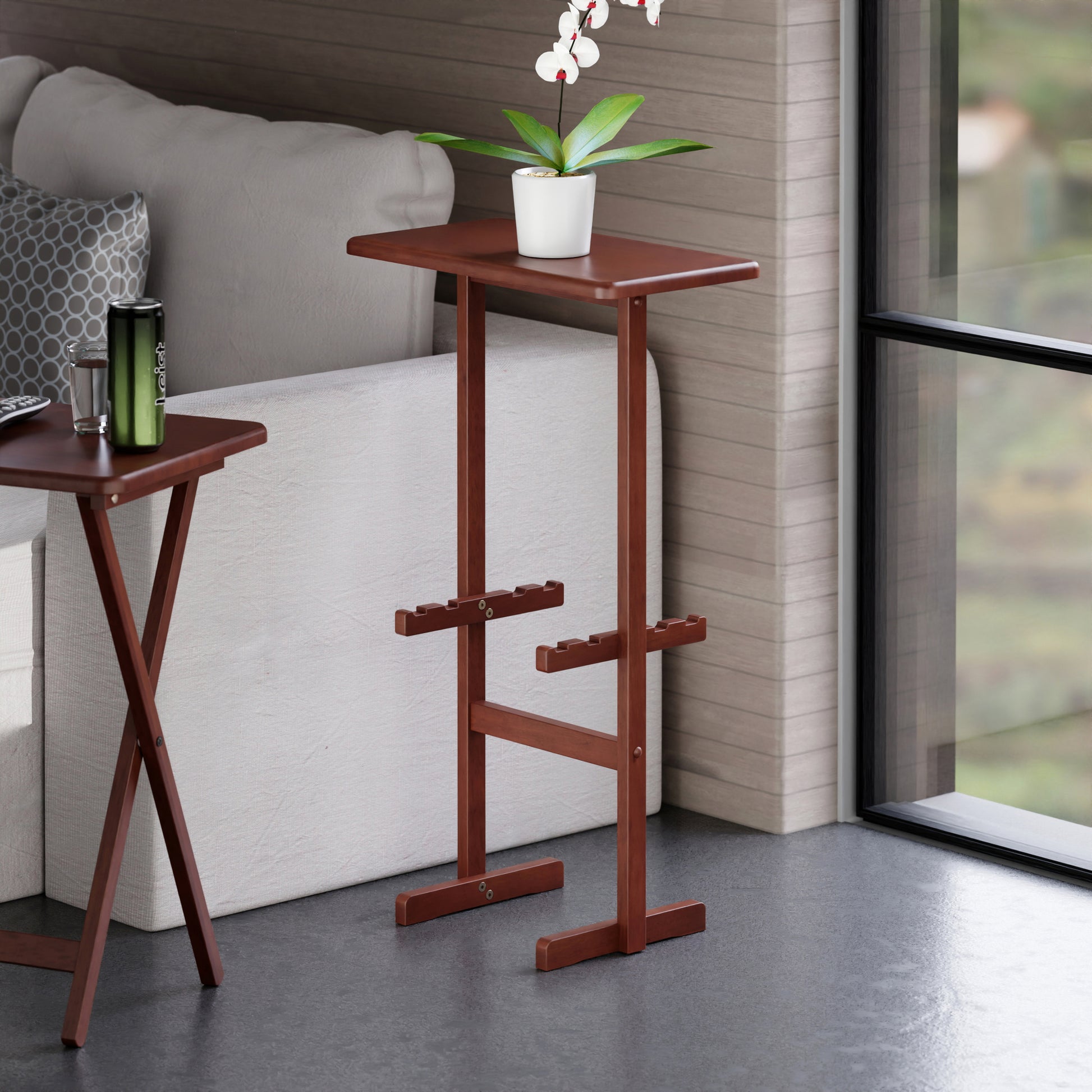 Riley Snack Table Rack, Walnut Finish