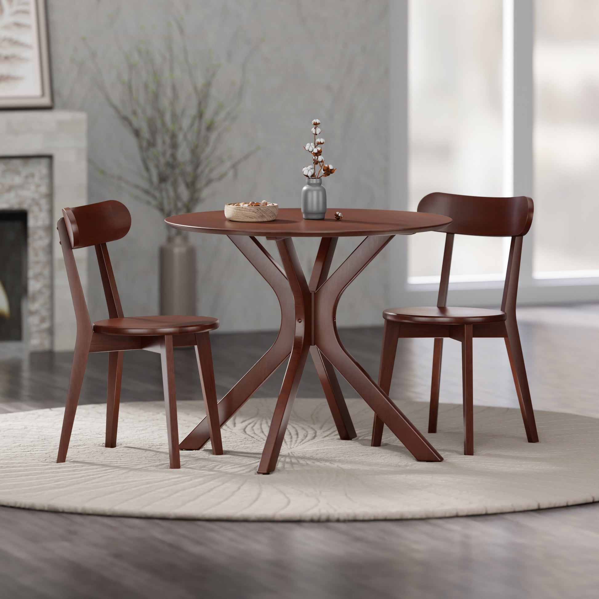 Lexa Dining Table with Splayed Legs, Walnut Finish with 2 Pauline Dining Chairs