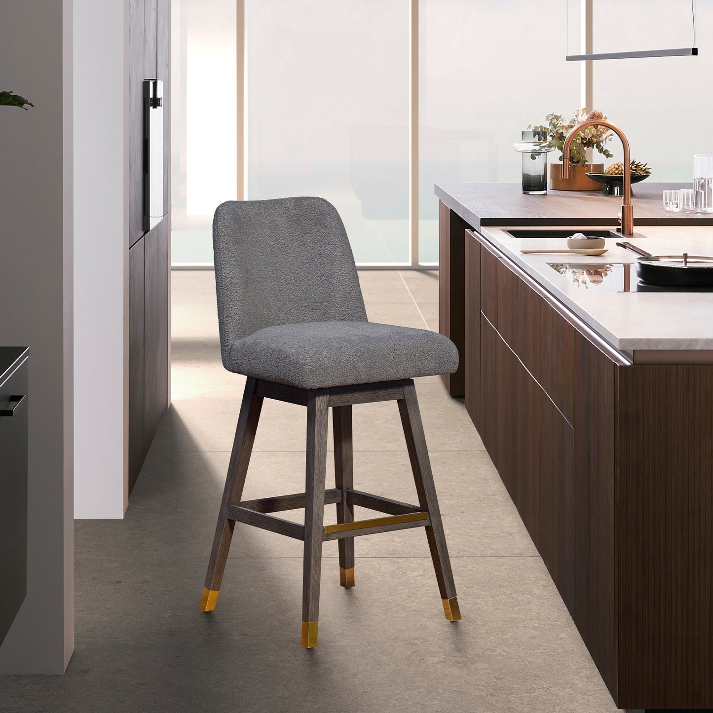Amalie Swivel Bar and Counter Stool in Oak Wood Finish with Fabric Upholstery