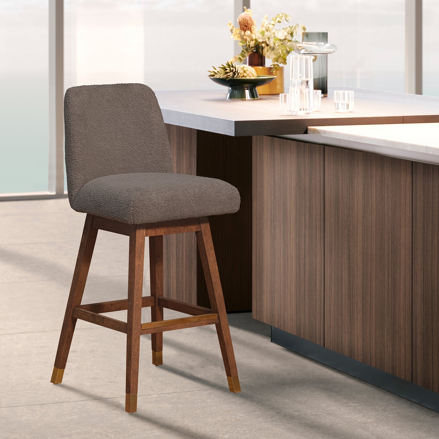 Amalie Swivel Bar and Counter Stool in Oak Wood Finish with Fabric Upholstery