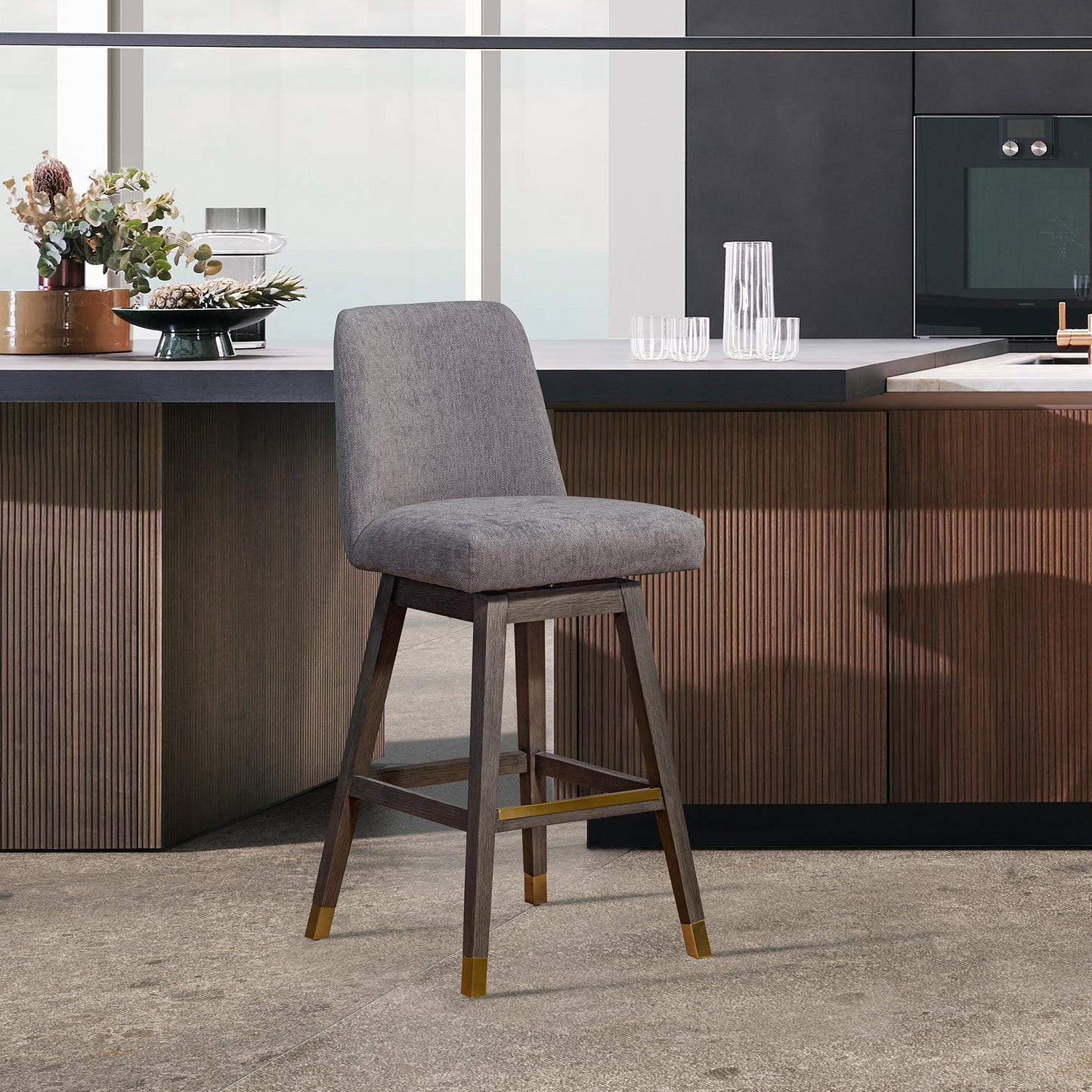 Amalie Swivel Bar and Counter Stool in Oak Wood Finish with Fabric Upholstery