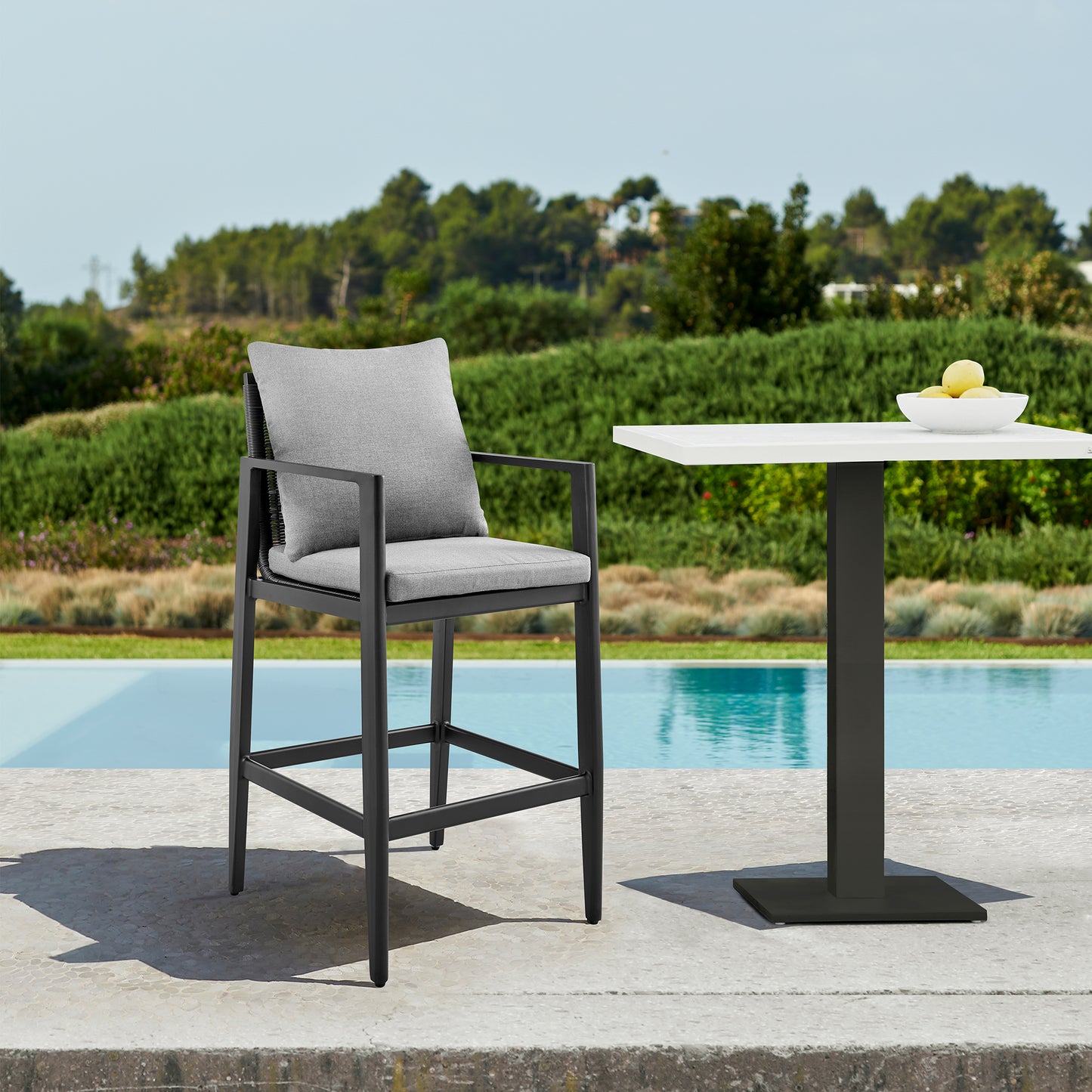 Grand Outdoor Patio Bar Stool in Aluminum with Cushions