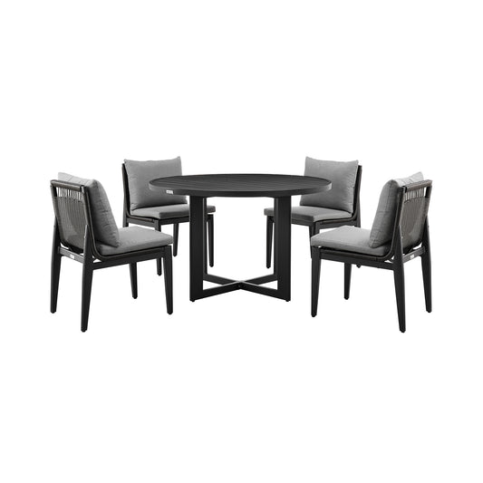Grand Outdoor Patio 5-Piece Round Dining Table Set in Aluminum with Gray Cushions
