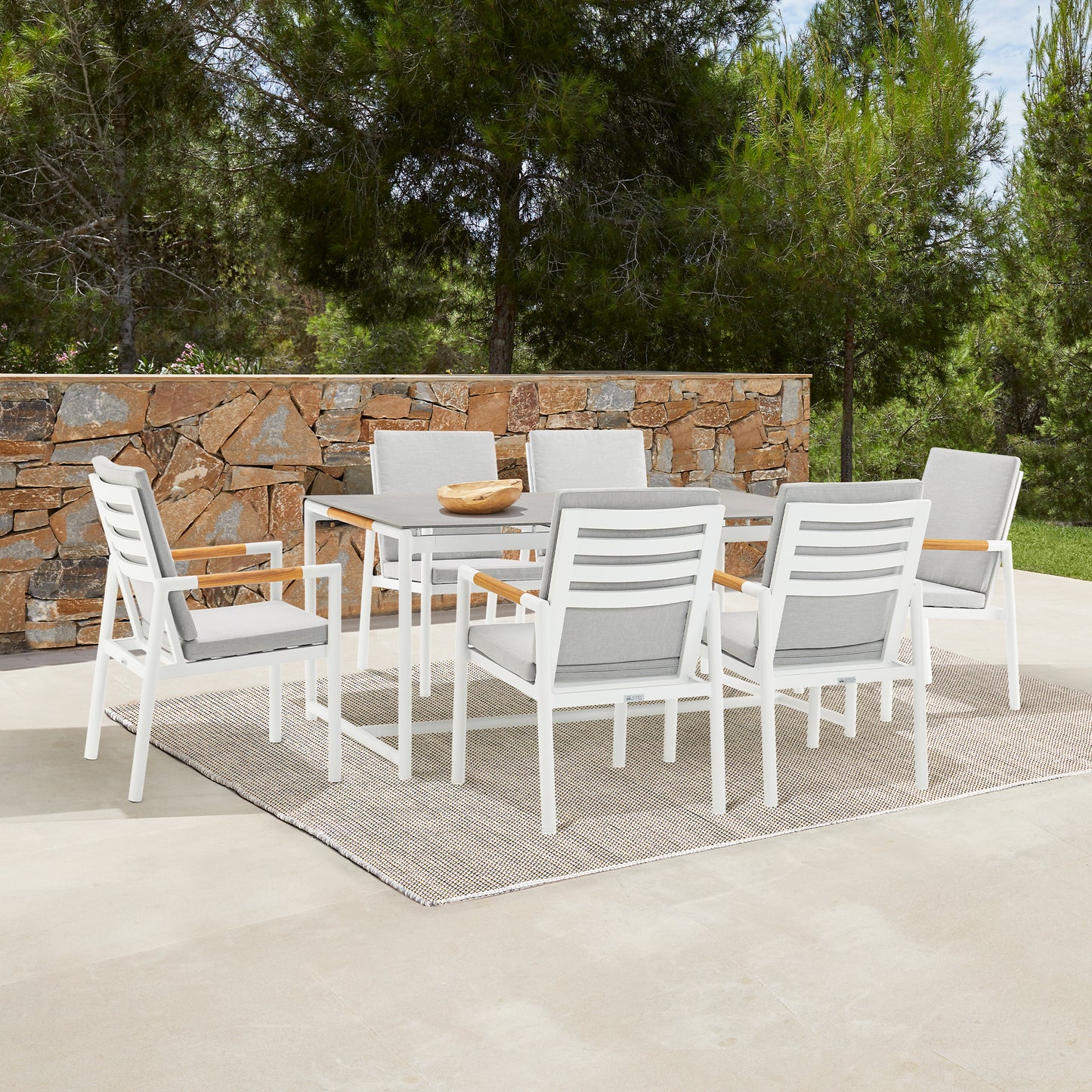 Royal White Aluminum and Teak Outdoor Dining Table with Stone Top