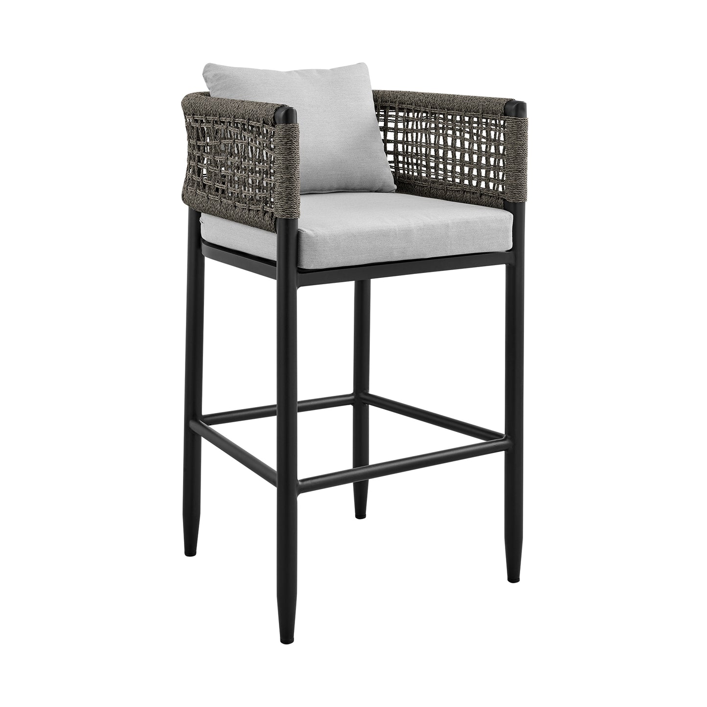 Felicia Outdoor Patio Bar Stool in Aluminum with Rope and Cushions