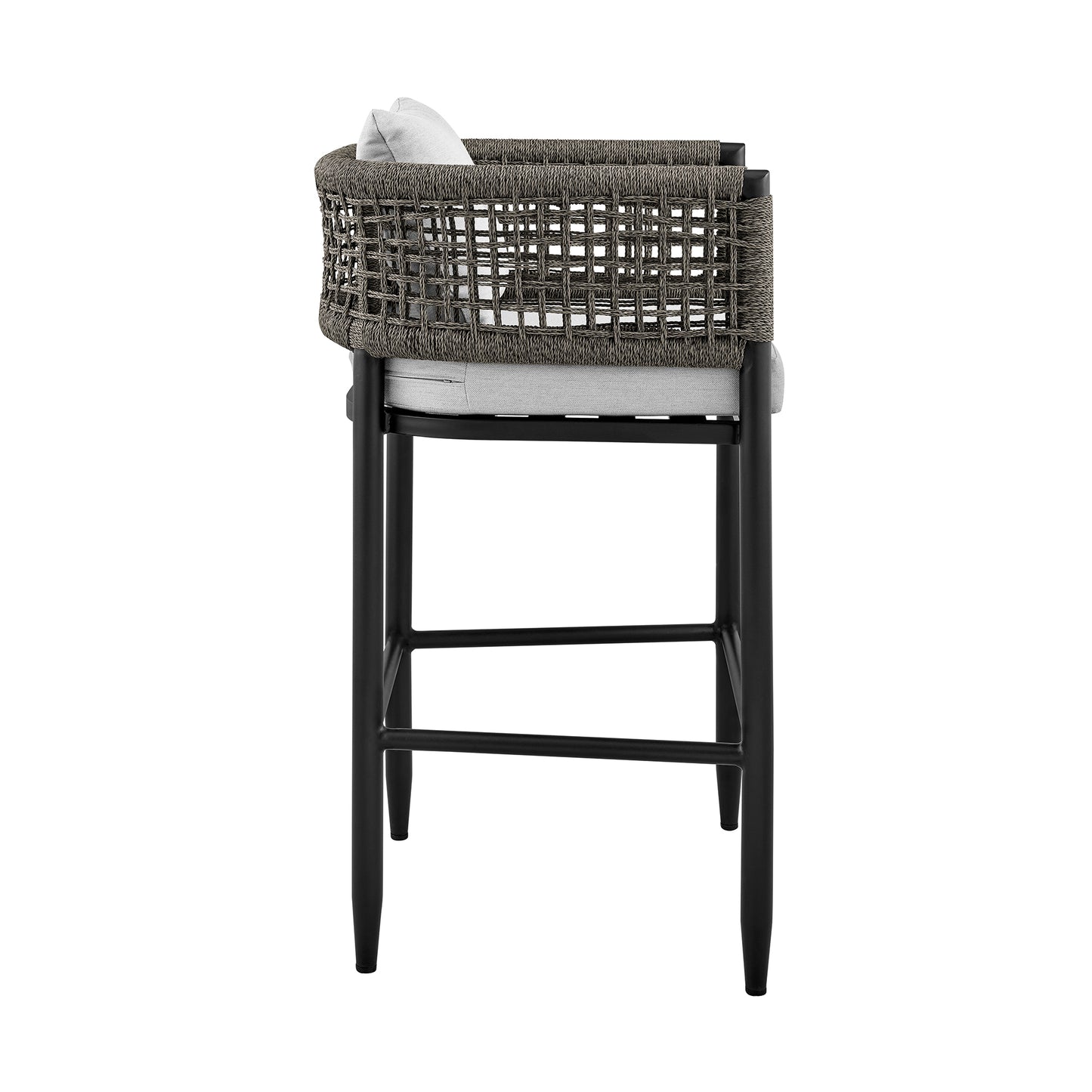 Felicia Outdoor Patio Bar Stool in Aluminum with Rope and Cushions
