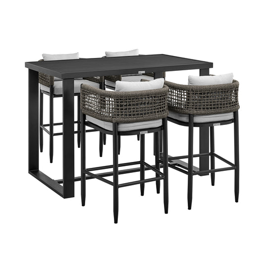 Felicia Outdoor Patio 5-Piece Bar Table Set in Aluminum with Gray Rope and Cushions