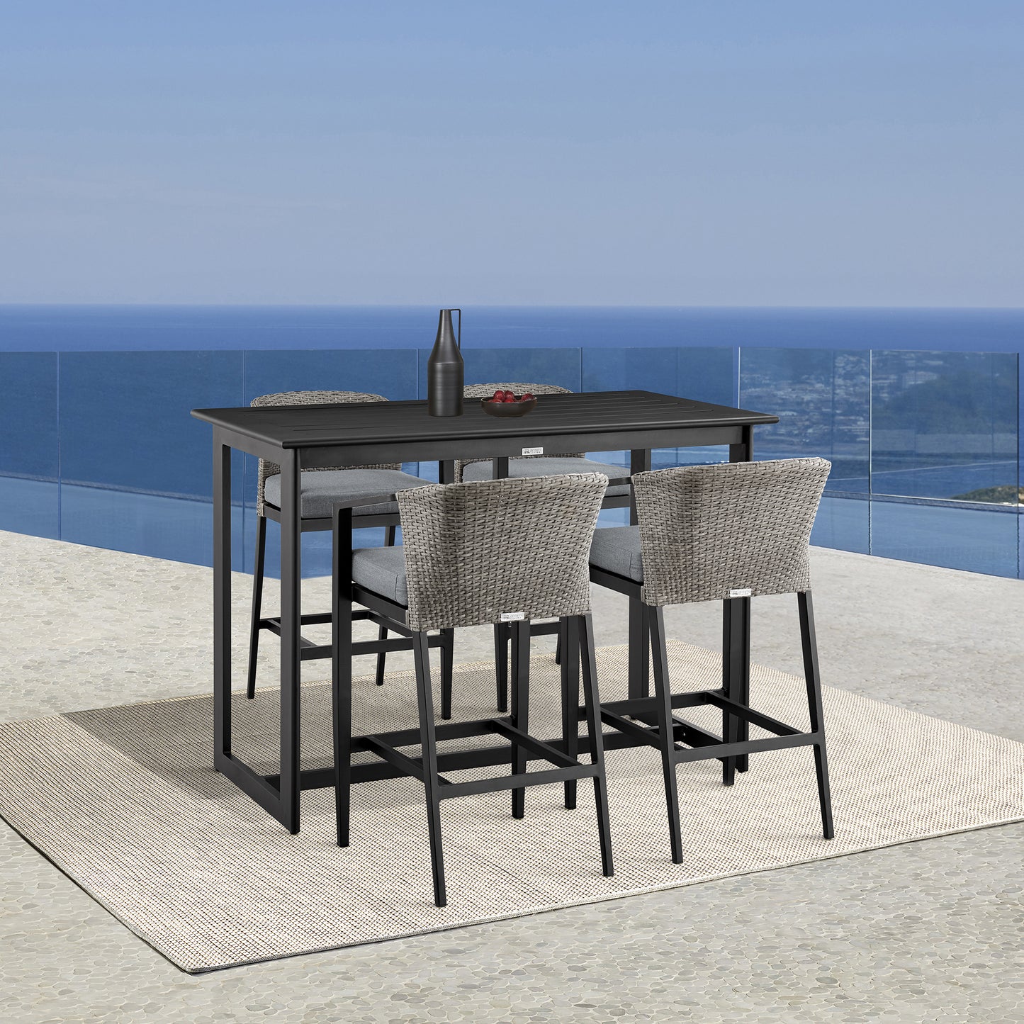 Aileen Outdoor Patio Bar Stool in Aluminum and Wicker with Cushions