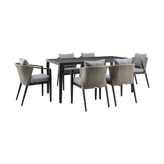 Aileen Outdoor Patio 7-Piece Dining Table Set in Aluminum and Wicker with Gray Cushions