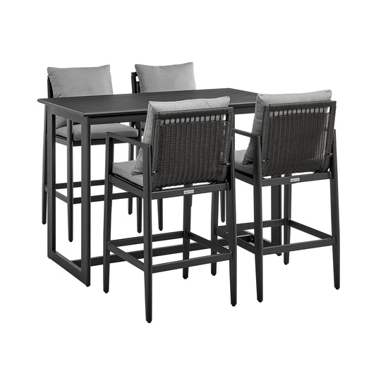 Grand Outdoor Patio 5-Piece Bar Table Set in Aluminum with Gray Cushions