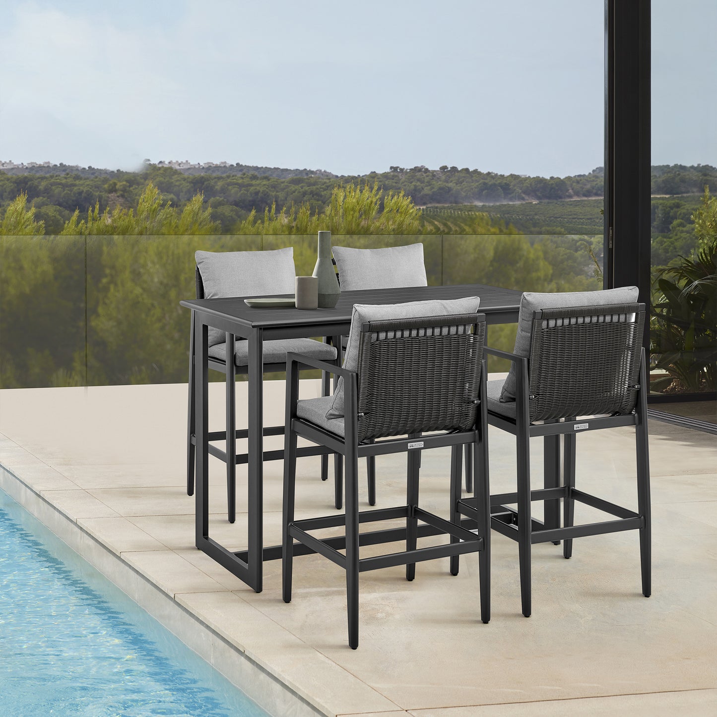 Grand Outdoor Patio 5-Piece Bar Table Set in Aluminum with Gray Cushions