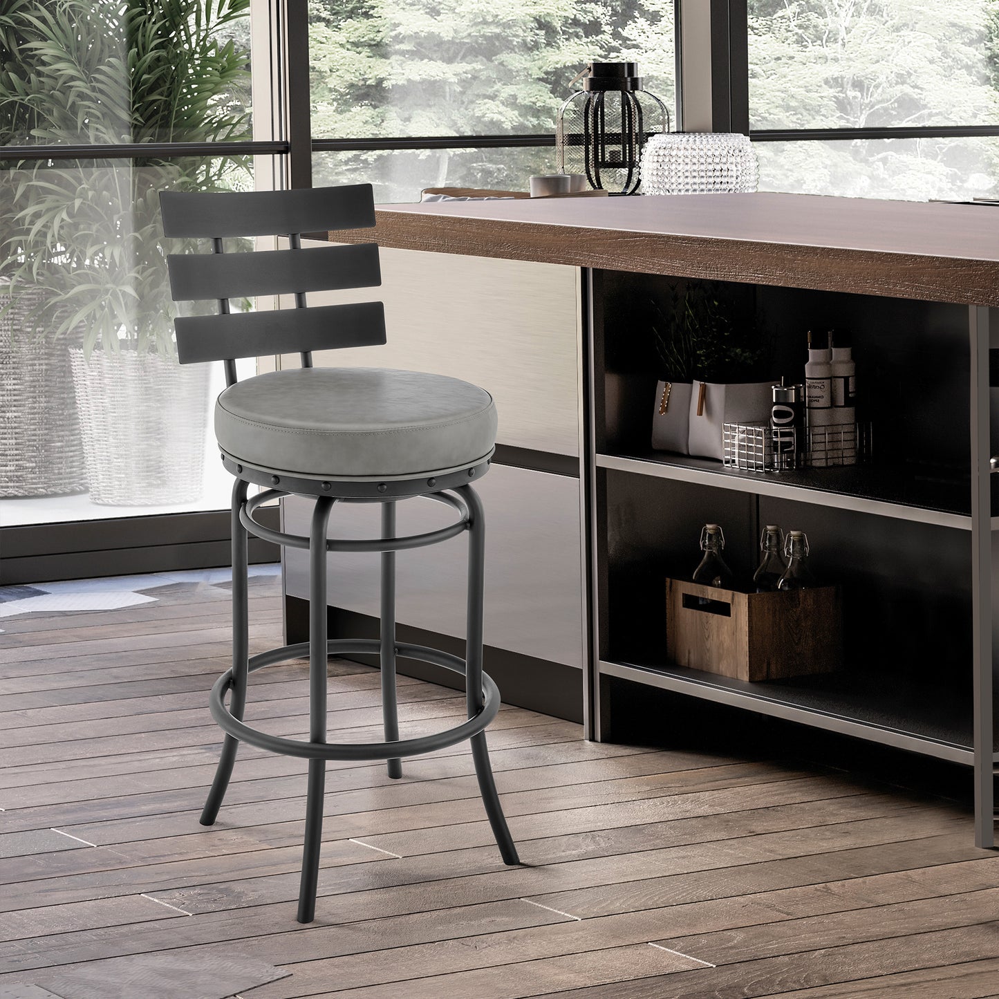 Natya Swivel Counter or Bar Stool in Various Finishes with Faux Leather