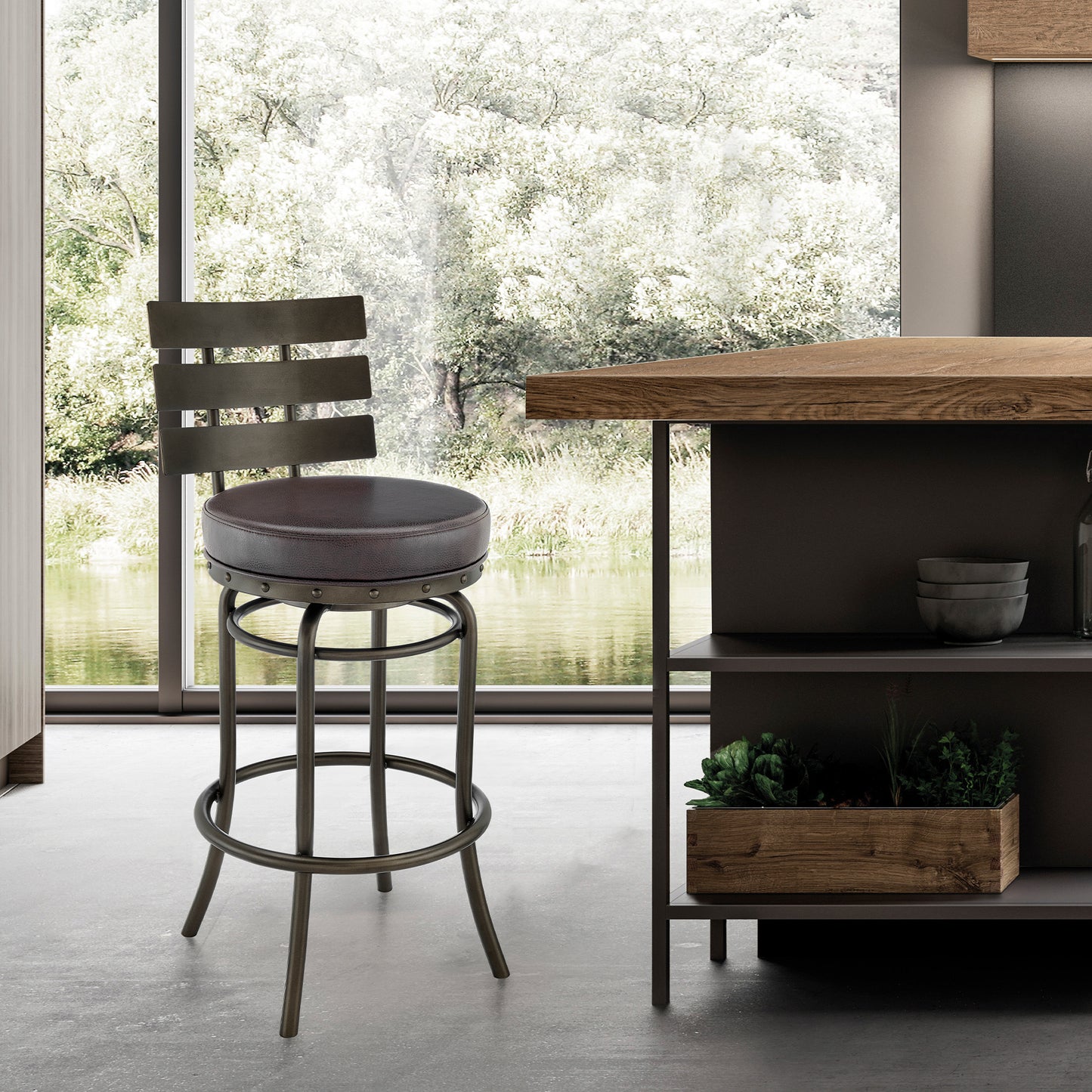 Natya Swivel Counter or Bar Stool in Various Finishes with Faux Leather