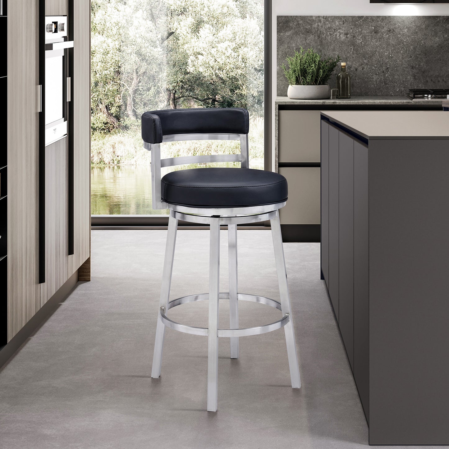 Titana Swivel Faux Leather and Brushed Stainless Steel Bar Stool