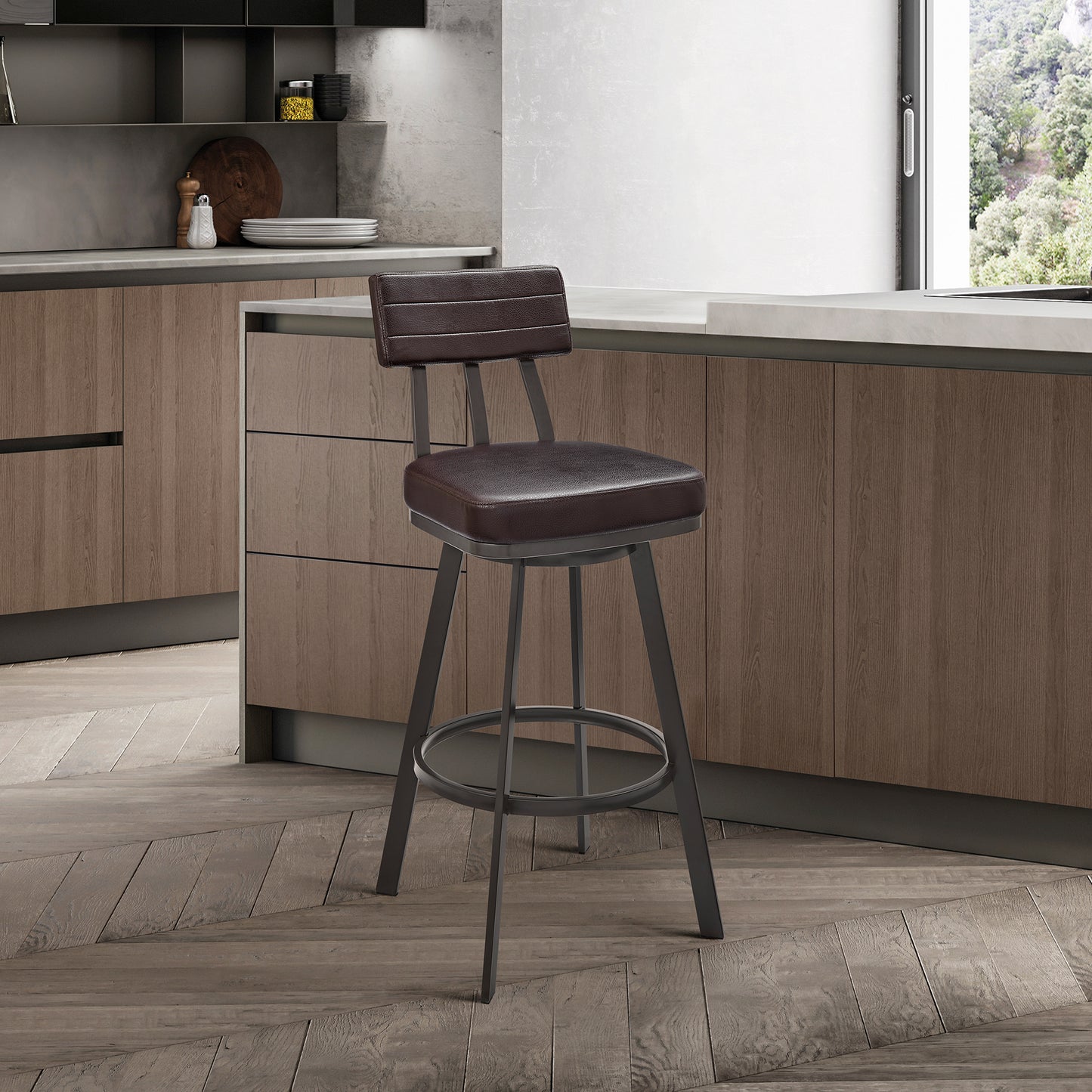 Jinab Swivel Bar and Counter Stool in Metal and Faux Leather