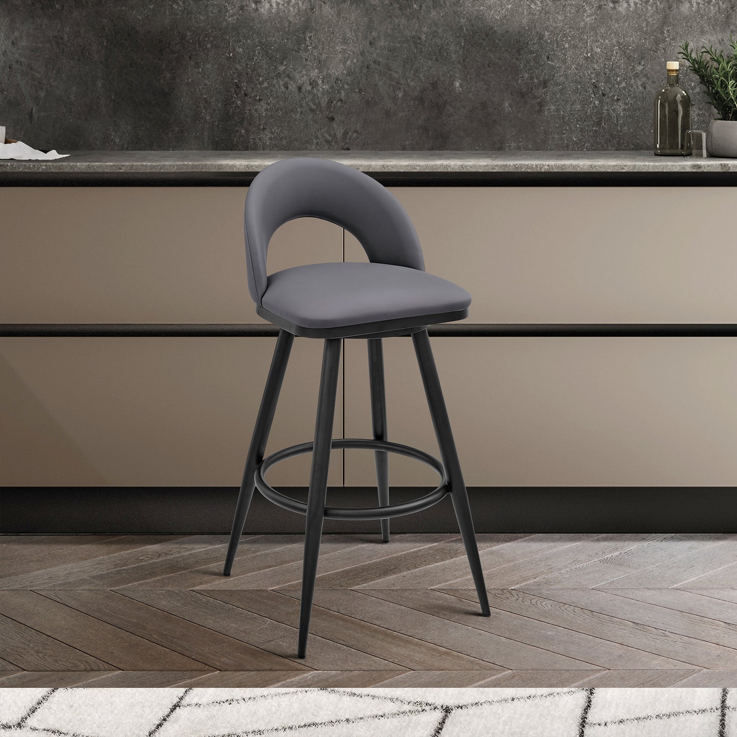 Lottech Swivel Counter and Bar Stool in Brushed Stainless Steel and Black or Faux Leather