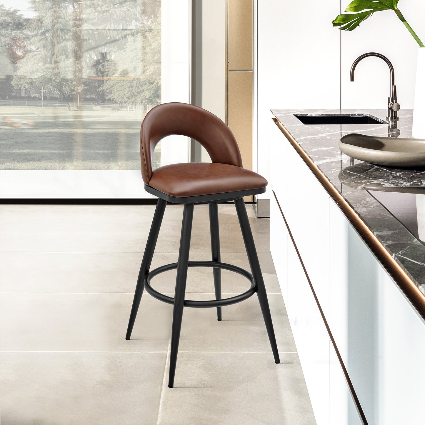 Lottech Swivel Counter and Bar Stool in Brushed Stainless Steel and Black or Faux Leather