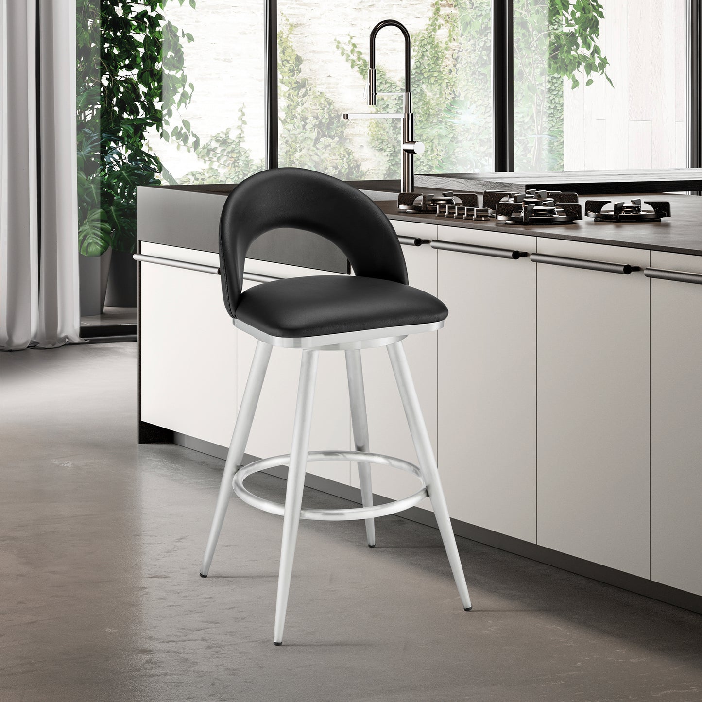 Lottech Swivel Counter and Bar Stool in Brushed Stainless Steel and Black or Faux Leather