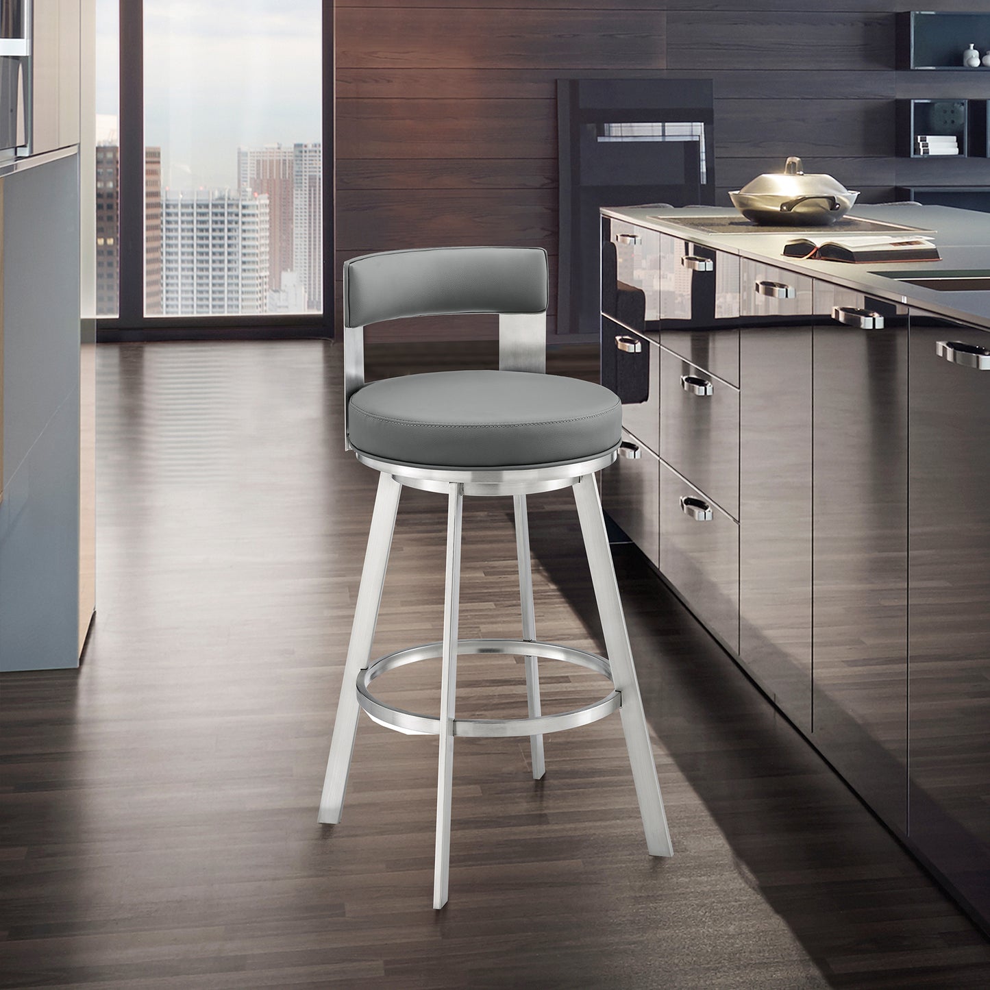 Lynof Swivel Bar and Counter Stool in Various Metal and Faux Leather Options