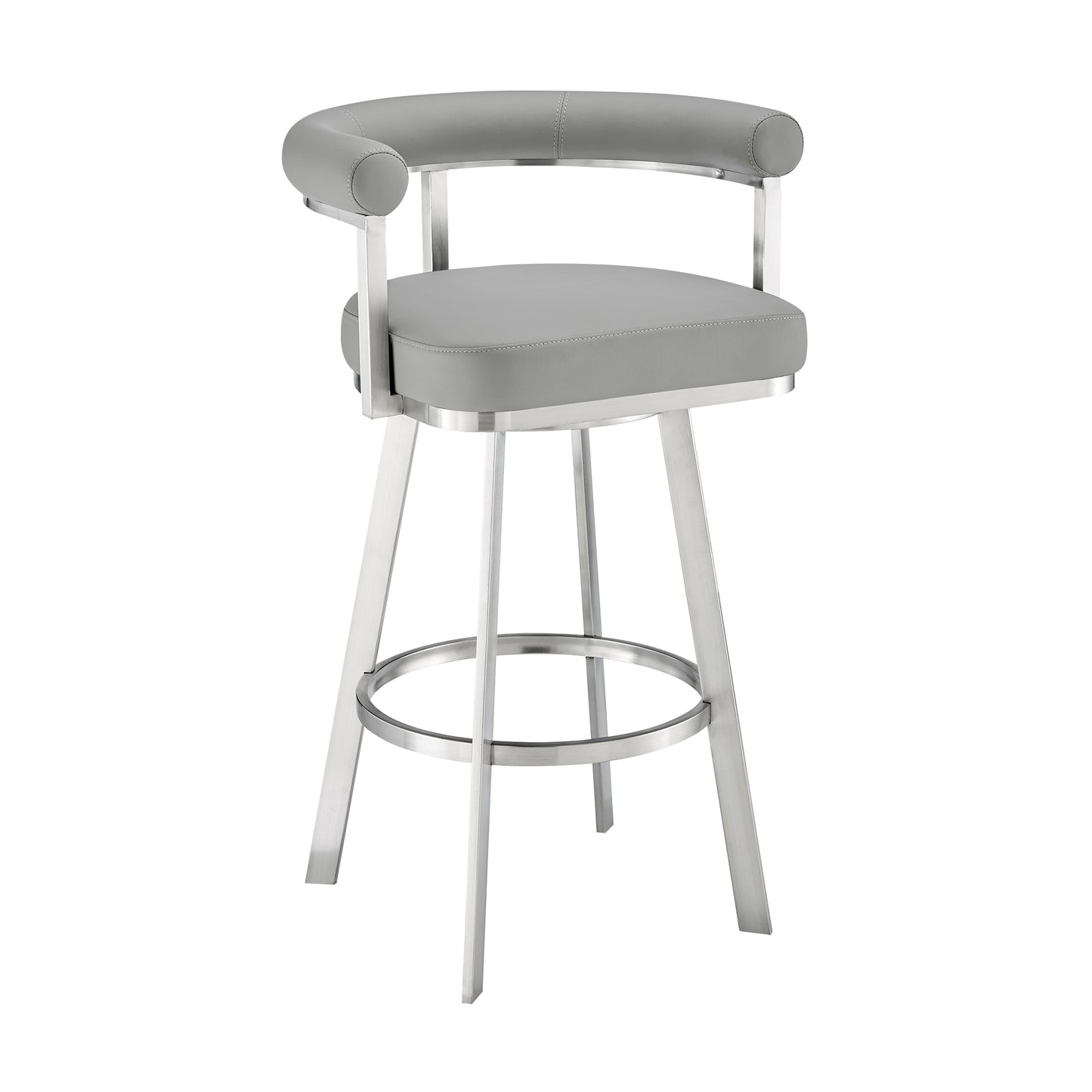 Nolagam Swivel Counter Stool in Brushed Stainless Steel with Light Gray Faux Leather