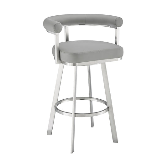 Nolagam Swivel Counter Stool in Brushed Stainless Steel with Light Gray Faux Leather