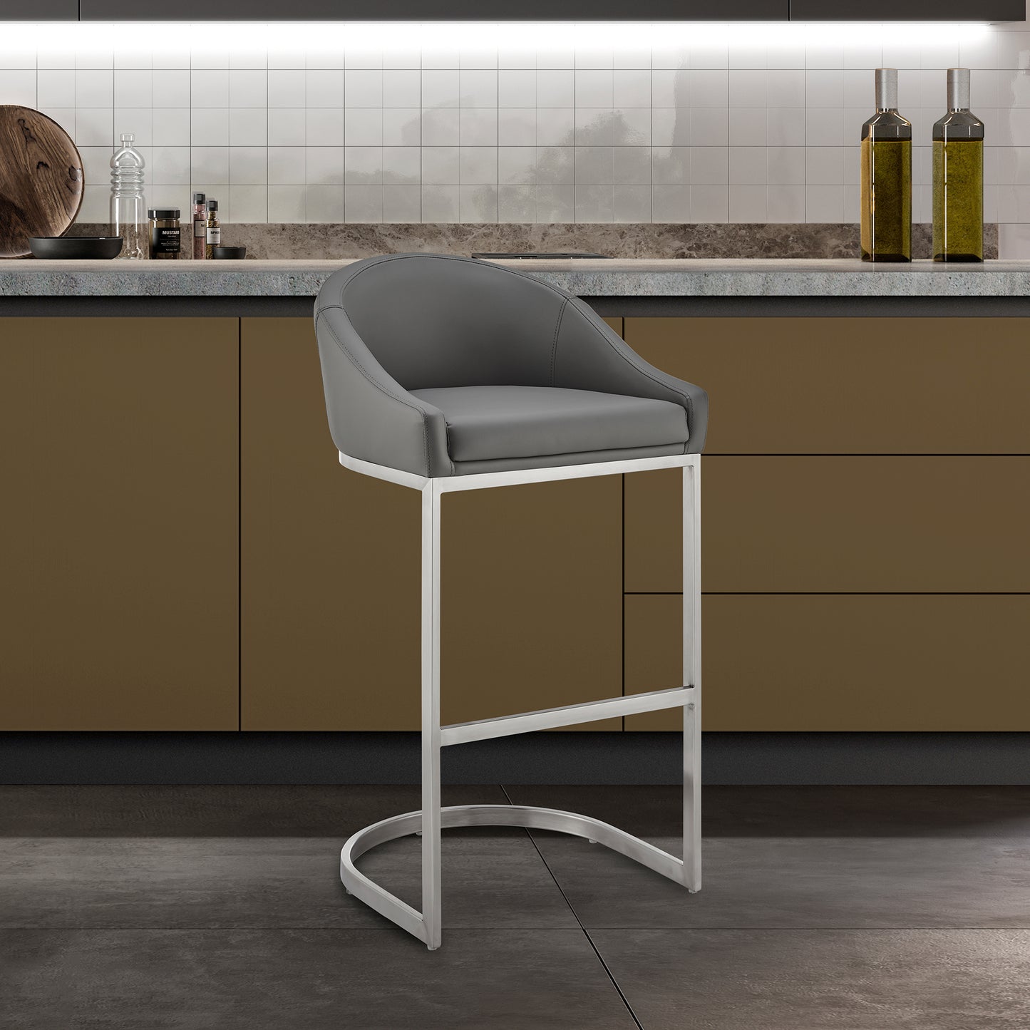 Atherik Bar and Counter Stool in Metal and Stainless Steel with Faux Leather