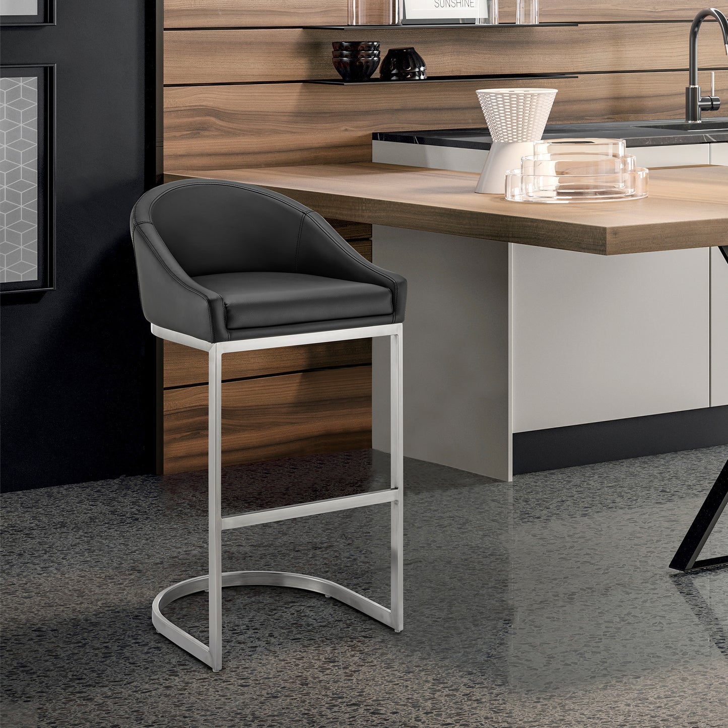 Atherik Bar and Counter Stool in Metal and Stainless Steel with Faux Leather