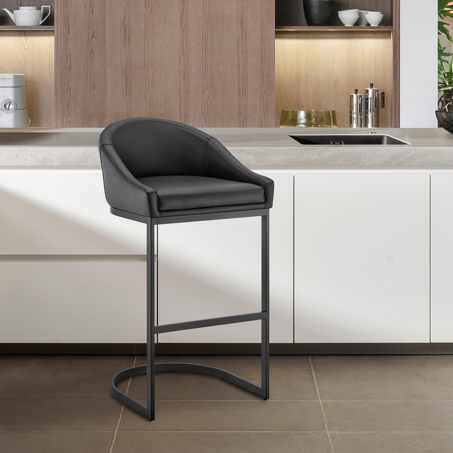 Atherik Bar Stool in Black Metal with Black Faux Leather