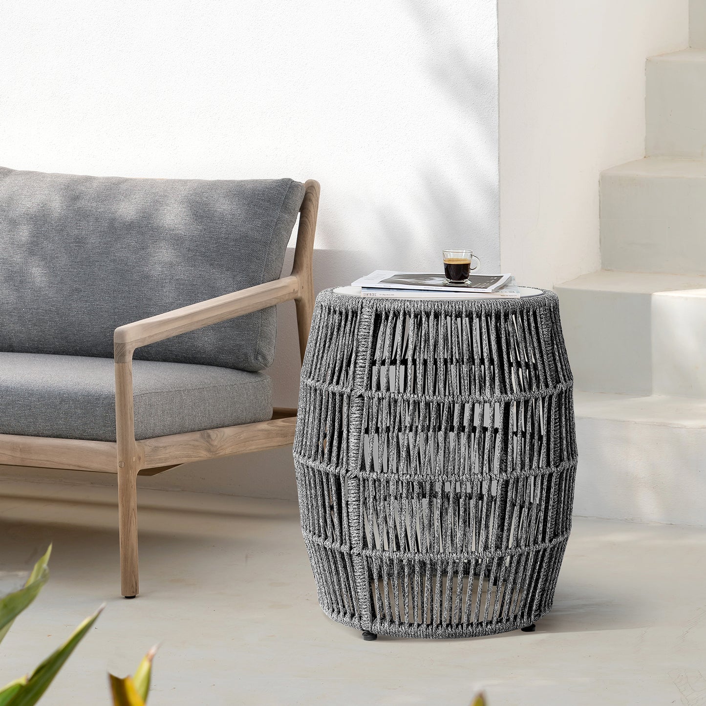 Emory Indoor Outdoor Garden Stool End Table in Gray Rope and Gray Stone
