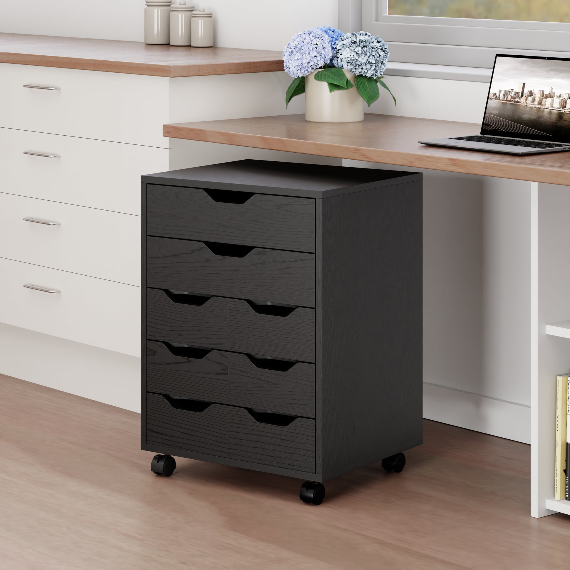 Norfolk 6 Bins, 2 Drawer Mobile Cabinet, Black Finish