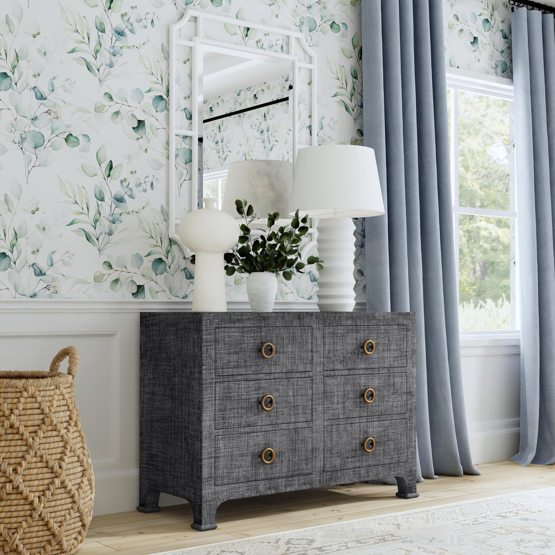 Butler Specialty Company Chatham 44 in. W Rectangular Raffia 6 Drawer Dresser, Charcoal