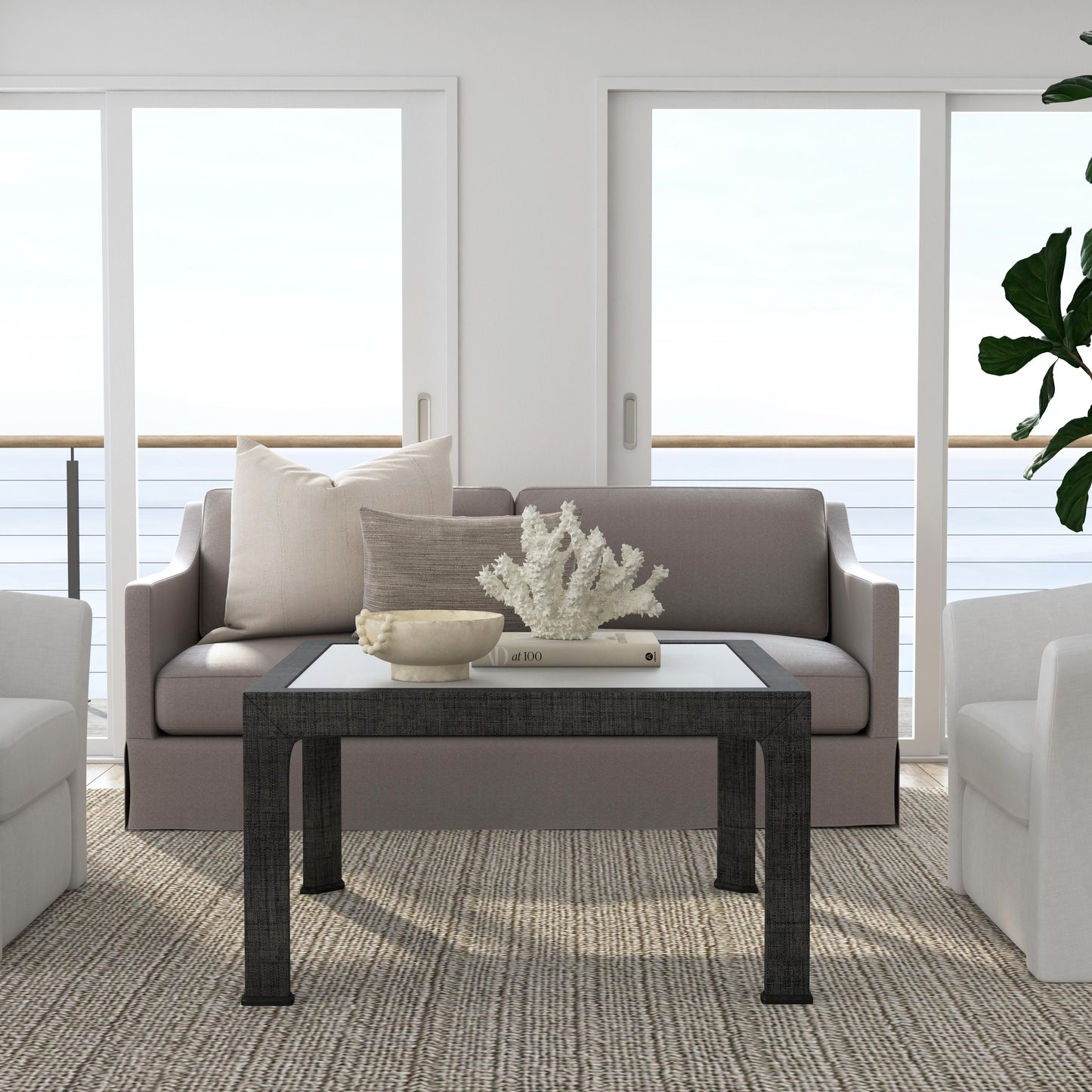 Butler Specialty Company Chatham 36 in. W Square Glass and Raffia Coffee Table, Charcoal