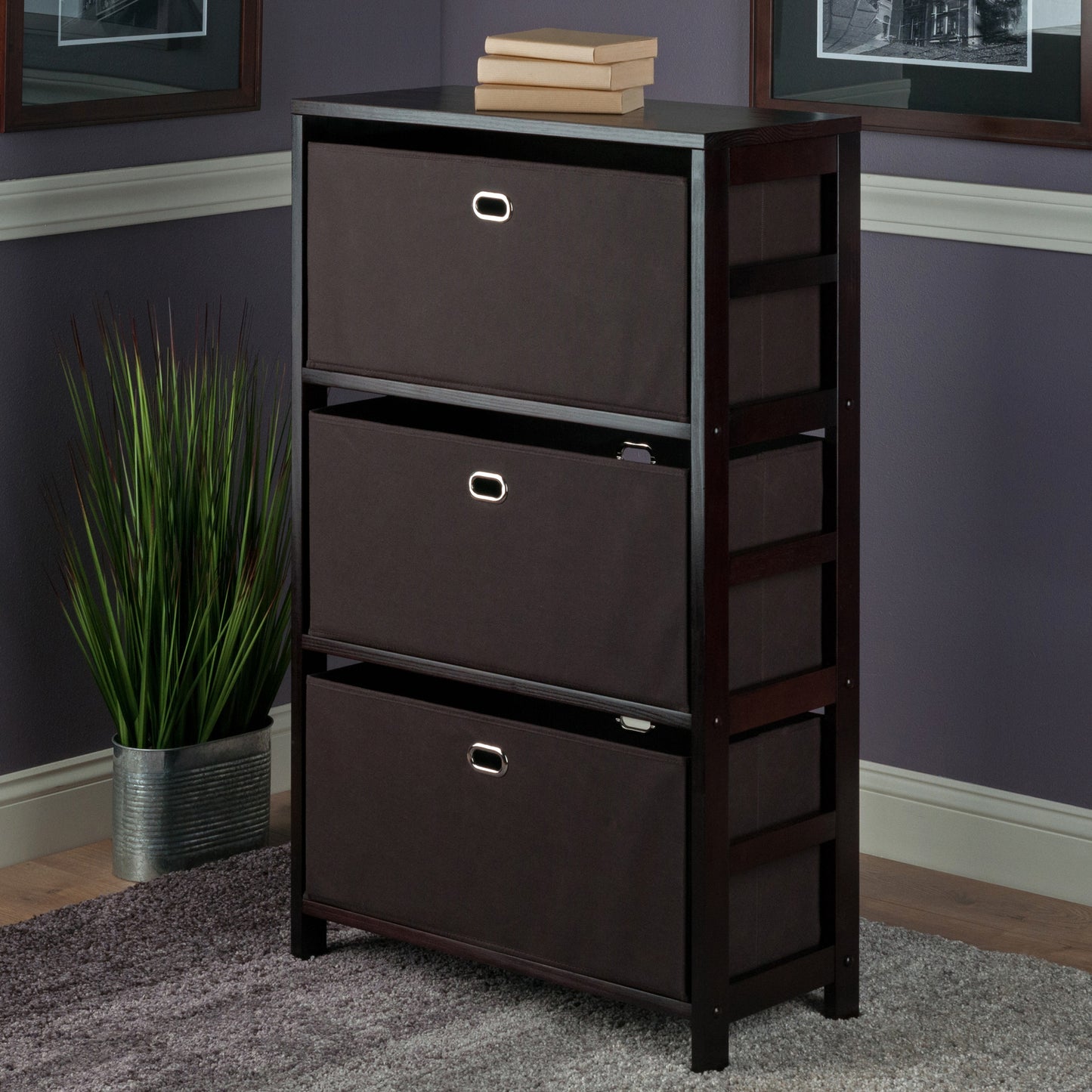 Torino 3-Pc Storage Shelf with 2 Foldable Fabric Baskets, Espresso and Chocolate A